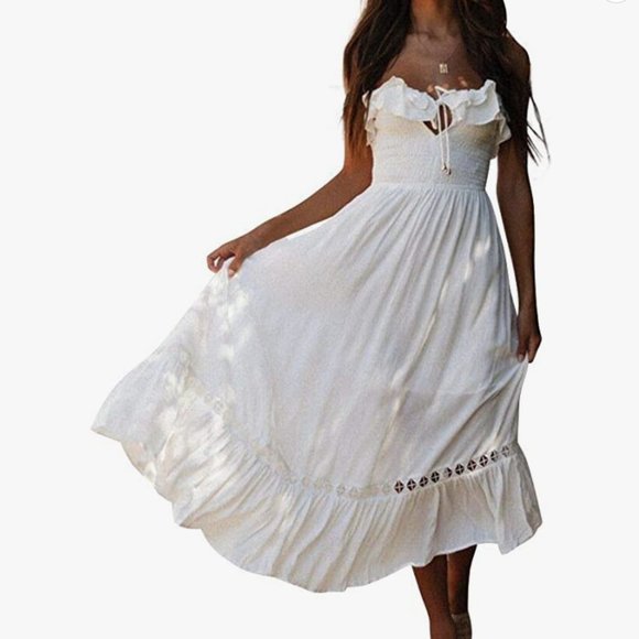 Amazon Dresses & Skirts - SAUKOLE Women's Summer Sleeveless Strapless Ruffle Off The Shoulder Swing Cockta